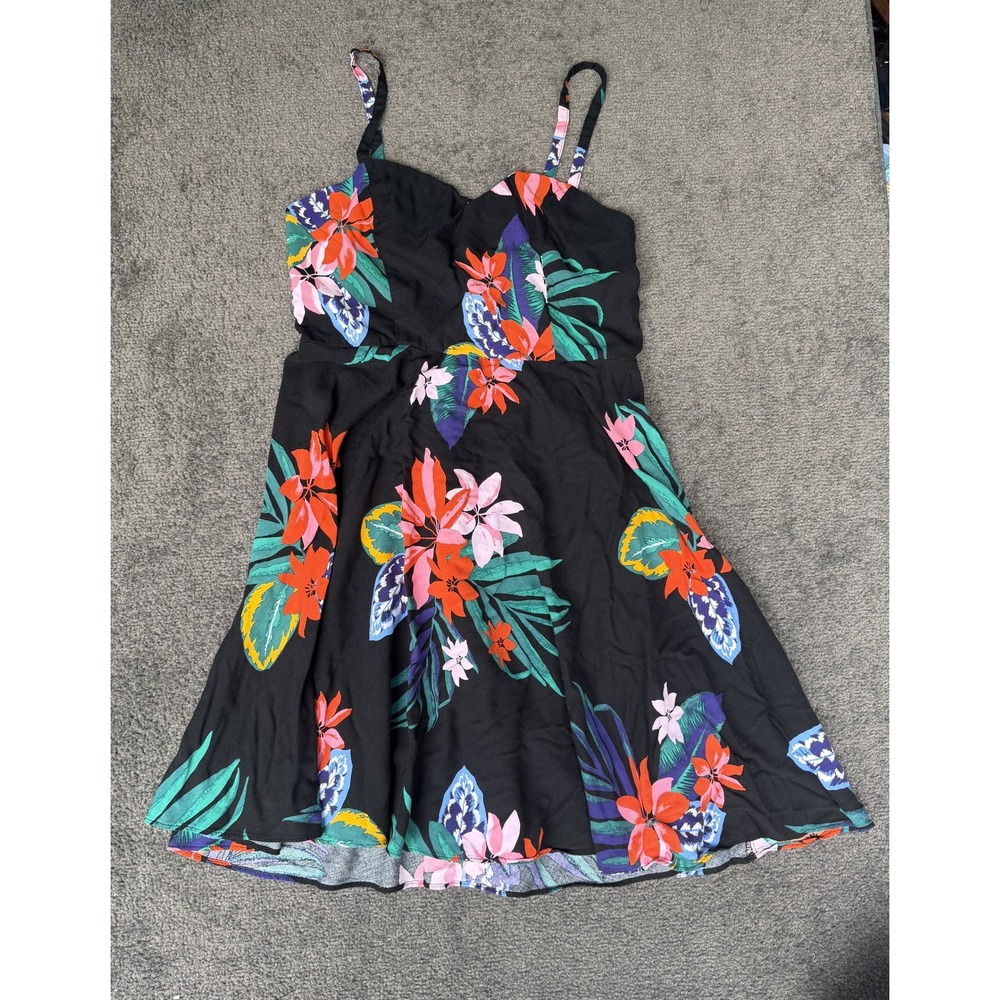 Old Navy Womens Large Black Tropical Floral Cami Fit & Flare Mini Dress Smocked